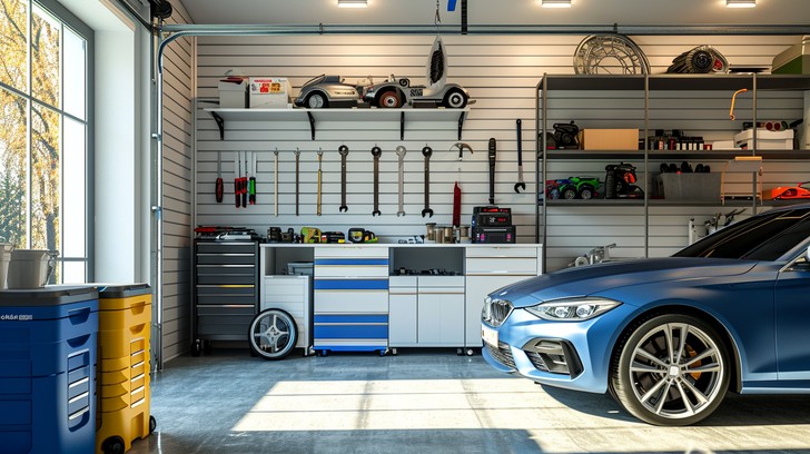 Interior view of an organized garage with a blue car.