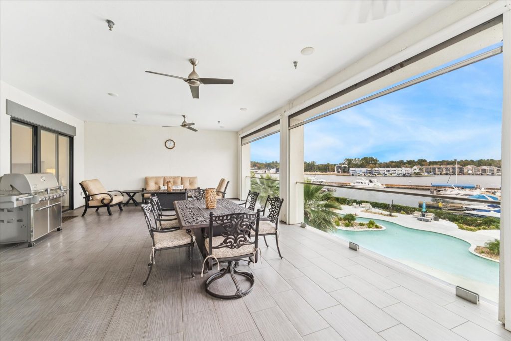 View from the balcony of a luxurious condo on Lake Conroe. 