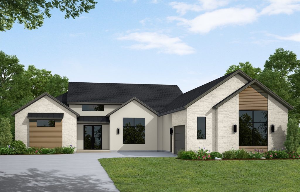 Exterior view of the front of a rendered new construction home with a modern look.