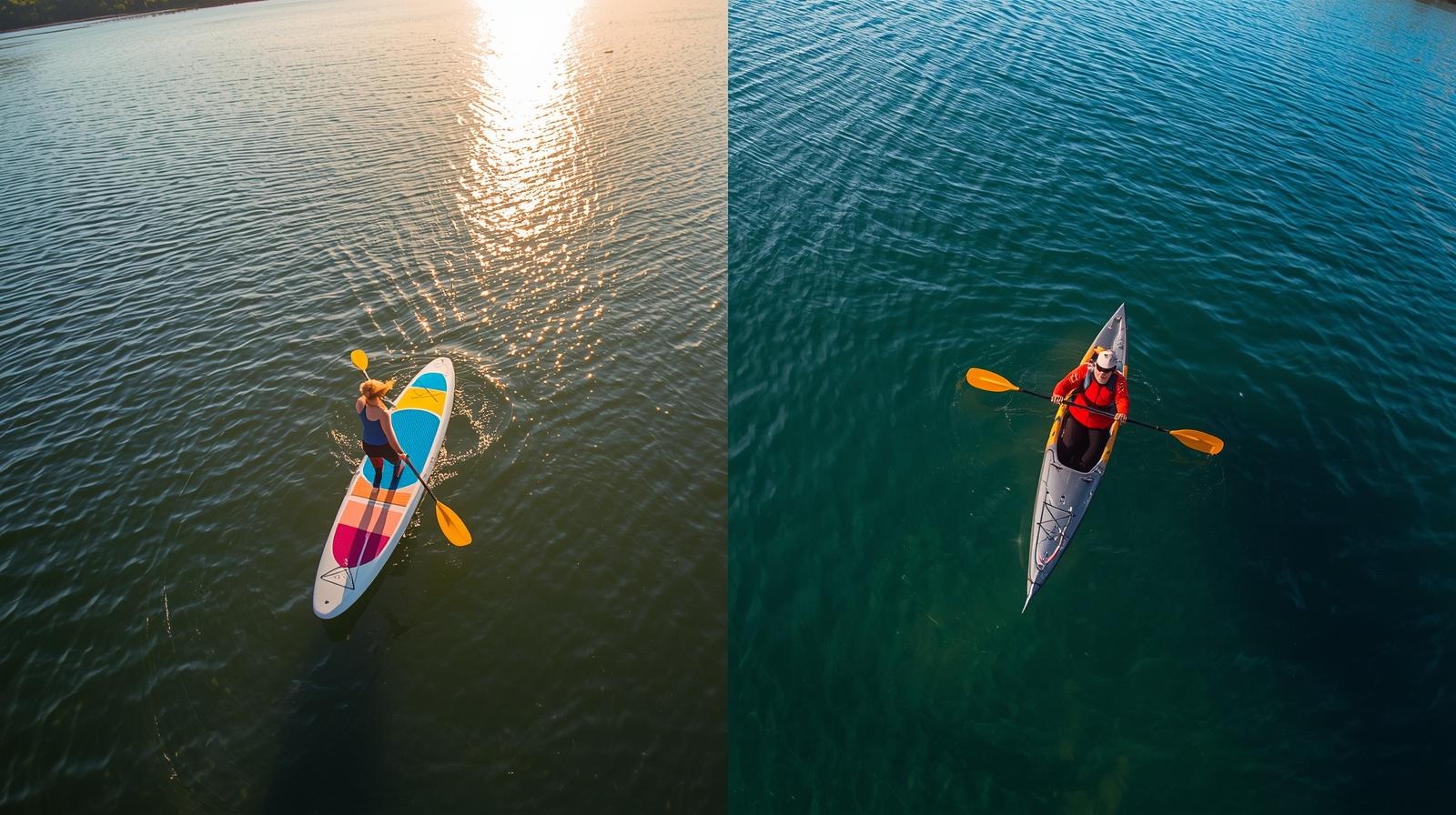Side by side comparison photograph of a woman on the left paddleboarding and a man kayaking on the right.
